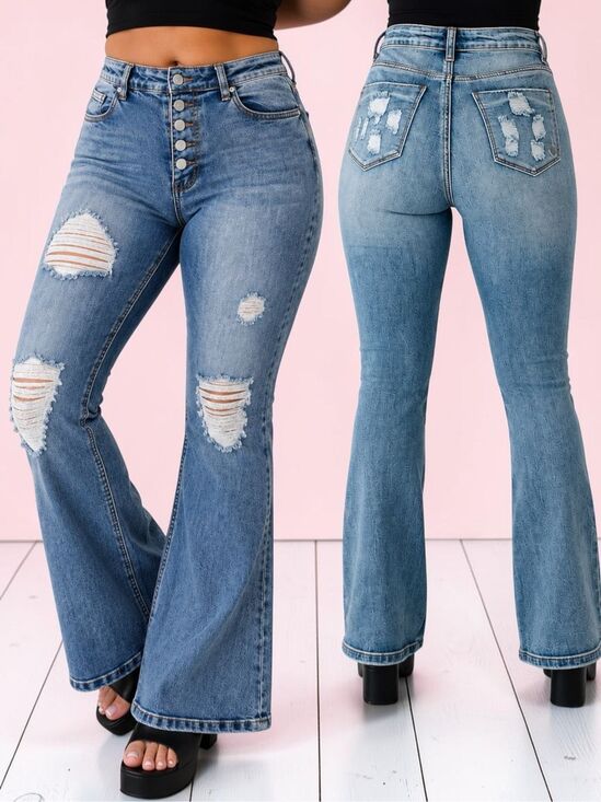 Indigo Rein Denim - Indigo Reign High Rise Button Fly Distressed Flare Jeans Med Wash Stretch Denim